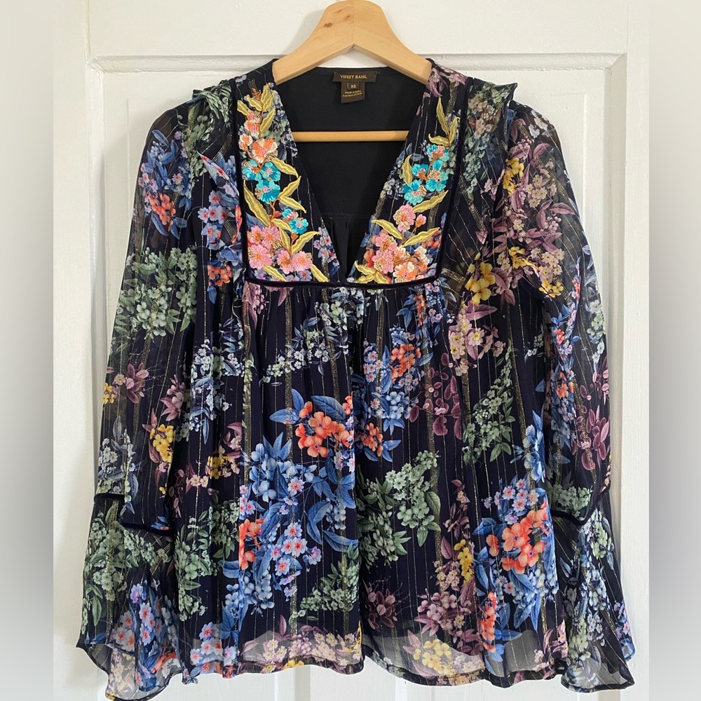 New Anthropologie Flowy Multicolor Metallic Button Peasant Blouse Size XS